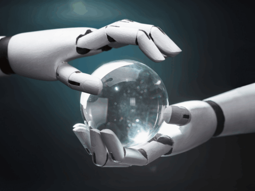 Robot hands holding a crystal ball.
