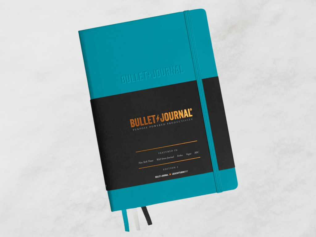 A turquoise Leuchtturm1917 Bullet Journal.