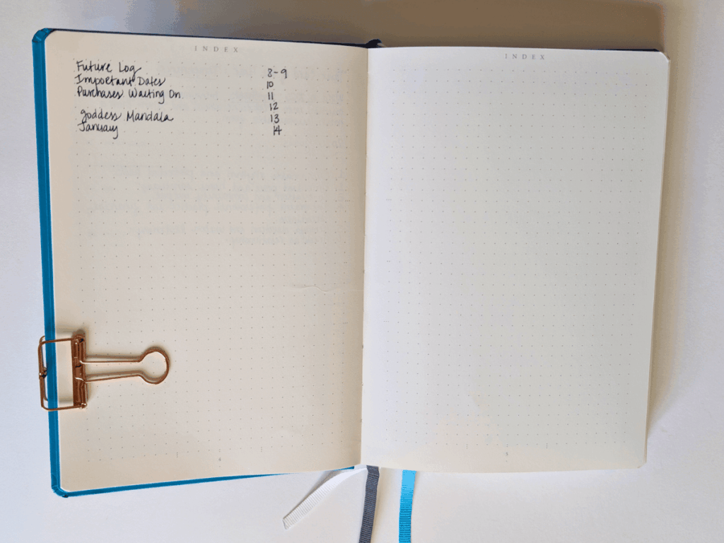 A Bullet Journal opened to the Index spread.