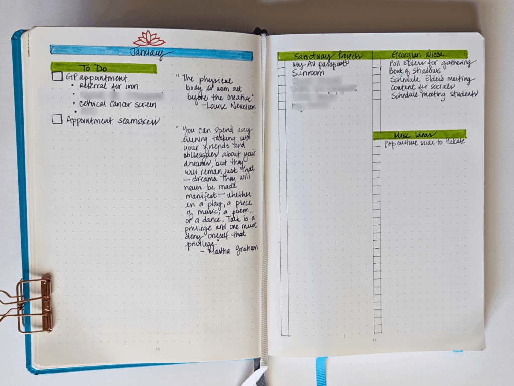 A Bullet Journal opened to a monthly log spread for January.