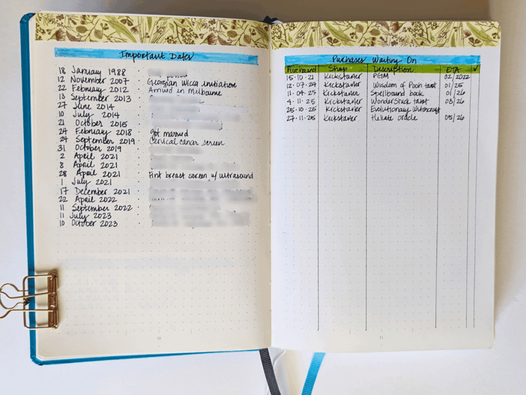 A Bullet Journal opened to display a spread of importat dates and purchases waiting on.