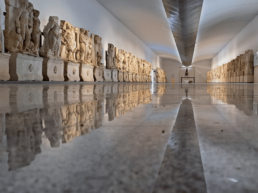 A view down a hall lined with ancient relifs and statues.