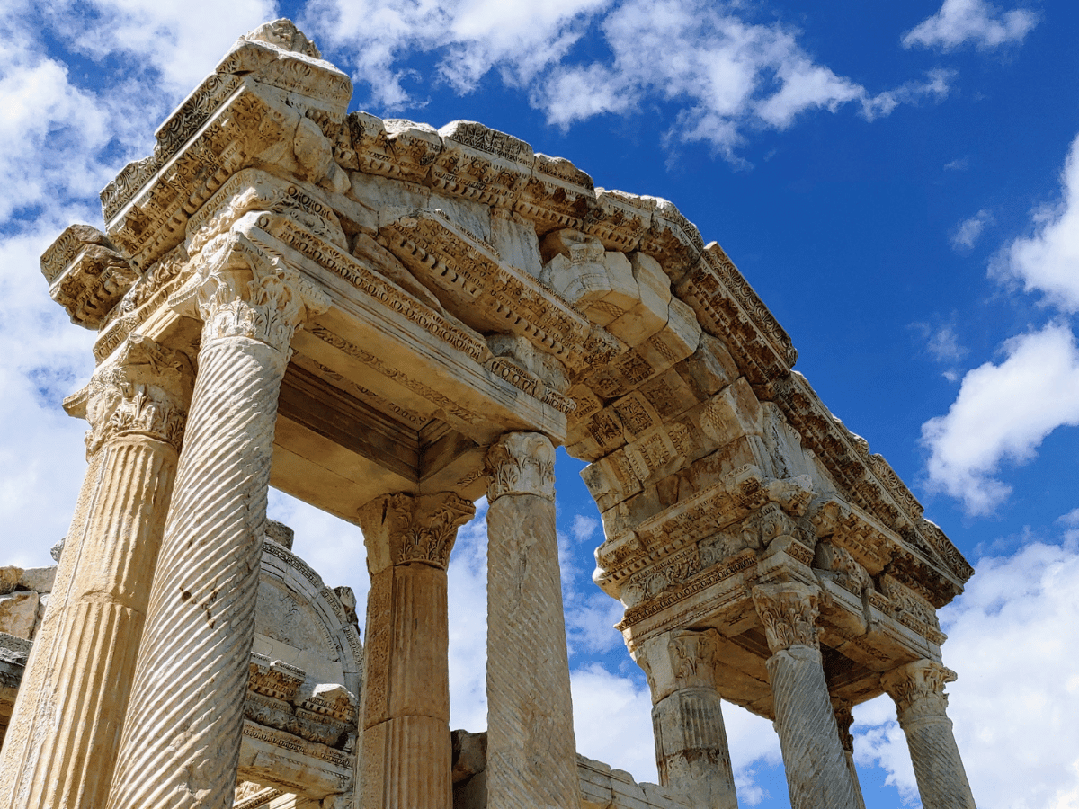 Looking up at the gateway at the ancient city of Aphrodisias.