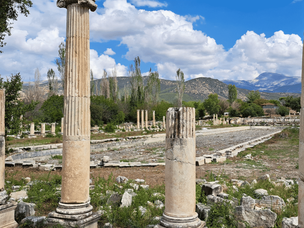 Greco-Roman columns and ruins against a green, lush, mountain landscape.