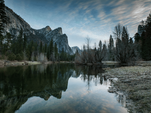 Tranquil reflection of winter trees and mountains in Yellowstone National Park.