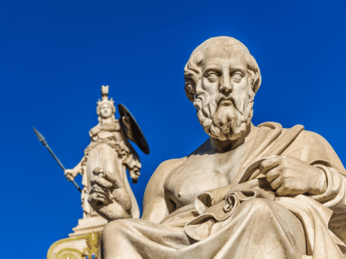 Statue of Plato with Athena in the background.