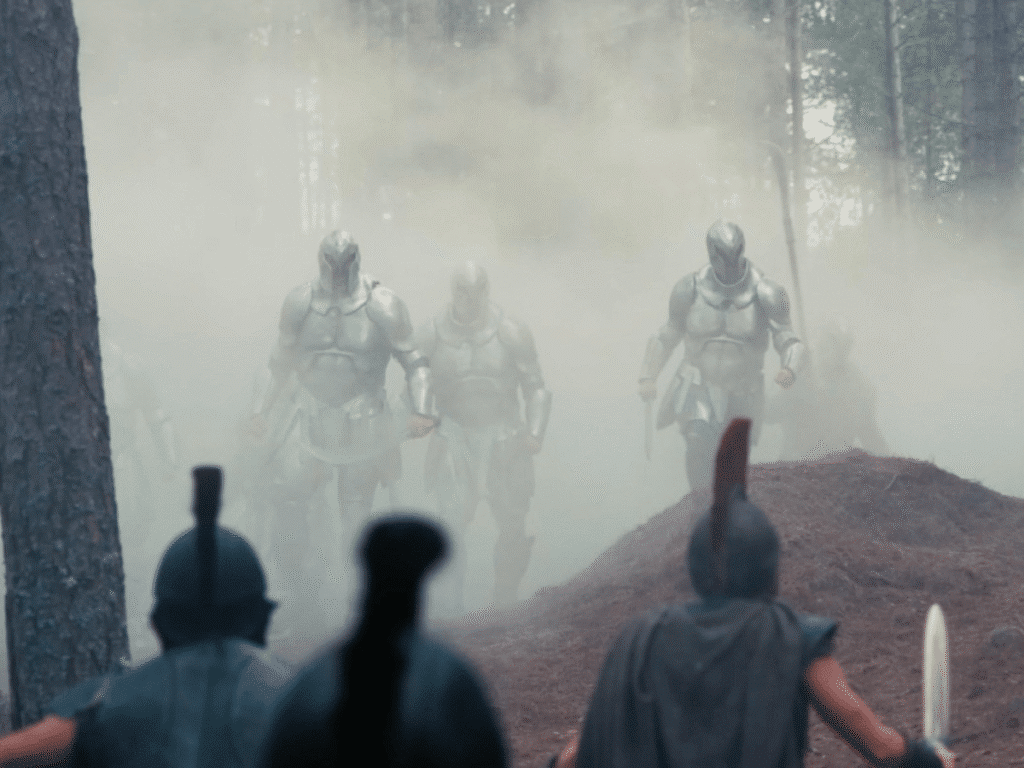 Two groups of armoured men about to engage in battle. A scene from The Odyssey.