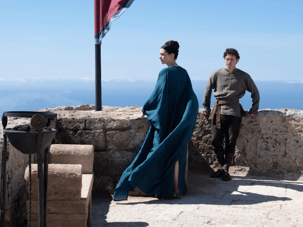 A woman and young man outside. Scene from the Odyssey.
