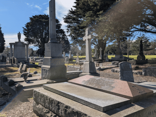 A historic cemetery filled with large stone monuments, crosses, obelisks and family graves beneath mature evergreen trees, with sunlight casting long shadows across the headstones and grass. Fawkner Memorial Park.