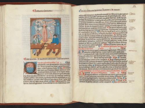 Open medieval manuscript showing two pages of Latin text with red and blue illuminated initials. The left page features a coloured illustration of Arithmetic personified as a woman in a red gown, standing between two seated scholars working at tables.