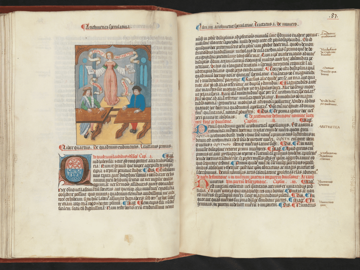Open medieval manuscript showing two pages of Latin text with red and blue illuminated initials. The left page features a coloured illustration of Arithmetic personified as a woman in a red gown, standing between two seated scholars working at tables.